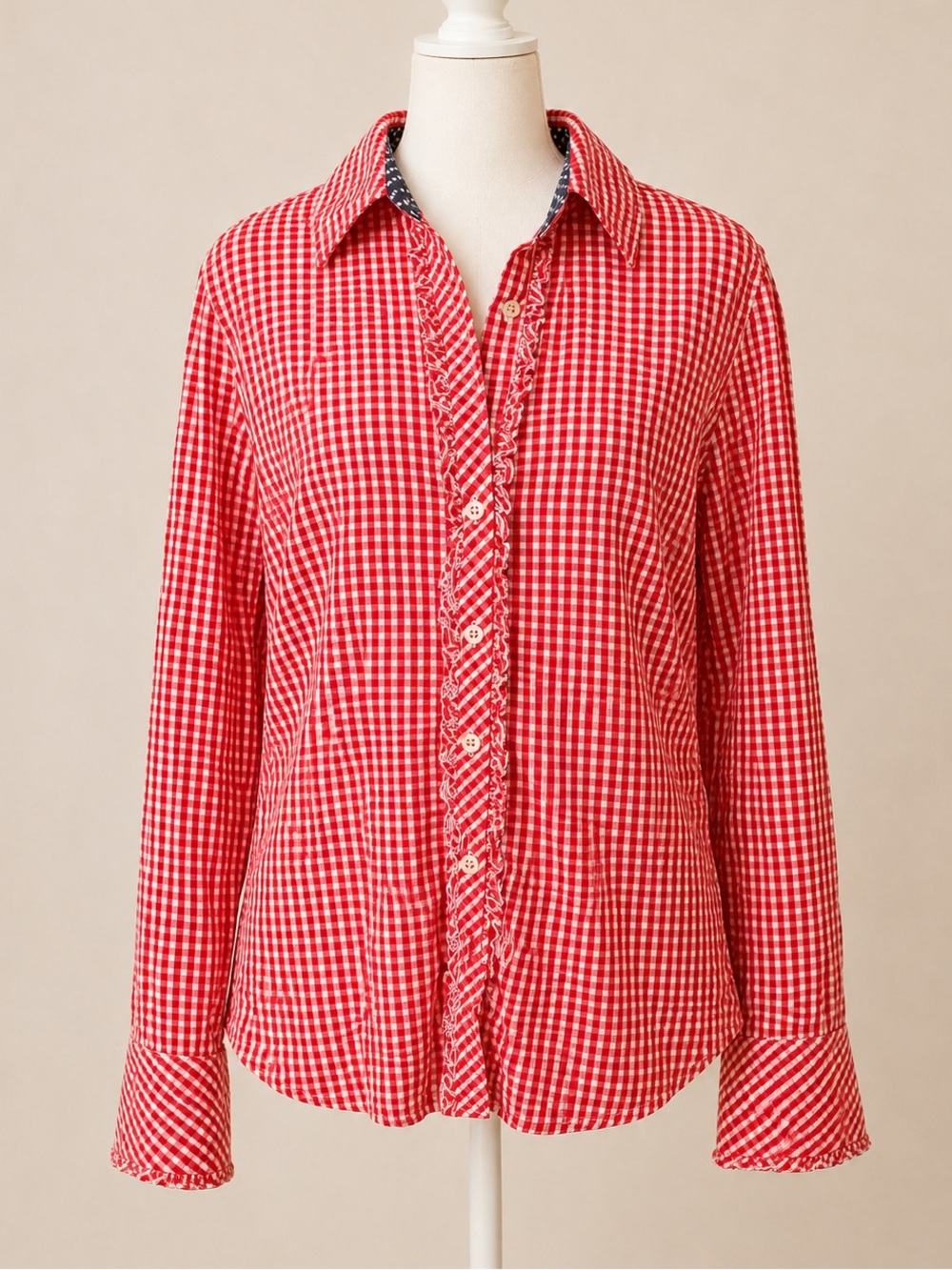 Lilly Pulitzer Red & White Preppy Gingham Ruffle Button Down Shirt Size 12